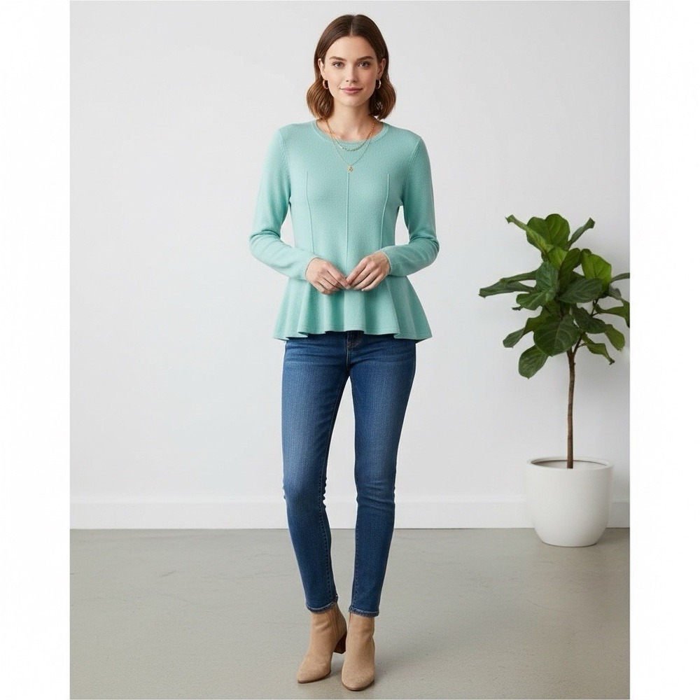 100% Cashmere Antonio Melani Sweater Aqua Peplum‎ Hem Small Career Quite Luxury